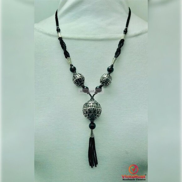 Artisan Black Boho Pendant Necklace | Rustic Boho Black Beaded Necklace - Picture 4 of 11